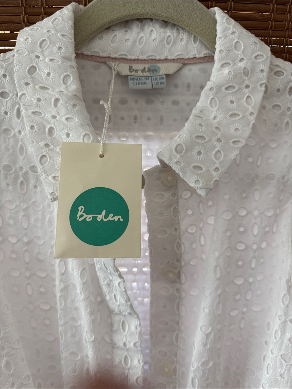 Boden Sleeveless White Eyelet Shirt Dress with Waist Tie - Picture 6 of 8